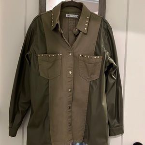 Army Green Leather and Denim Zara Jacket